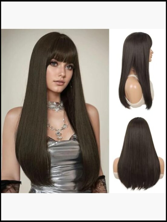 24 Inch Long Straight Wig With Bangs Dark Brown Natural Daily Wear Party main image 5
